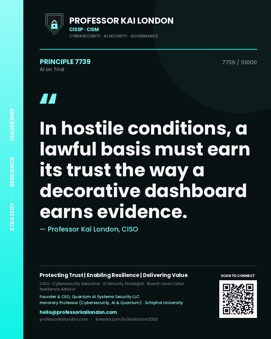 Quote card by Professor Kai London reading 'In hostile conditions, a lawful basis must earn its trust the way a decorative dashboard earns evidence.'. From the book AI on Trial.