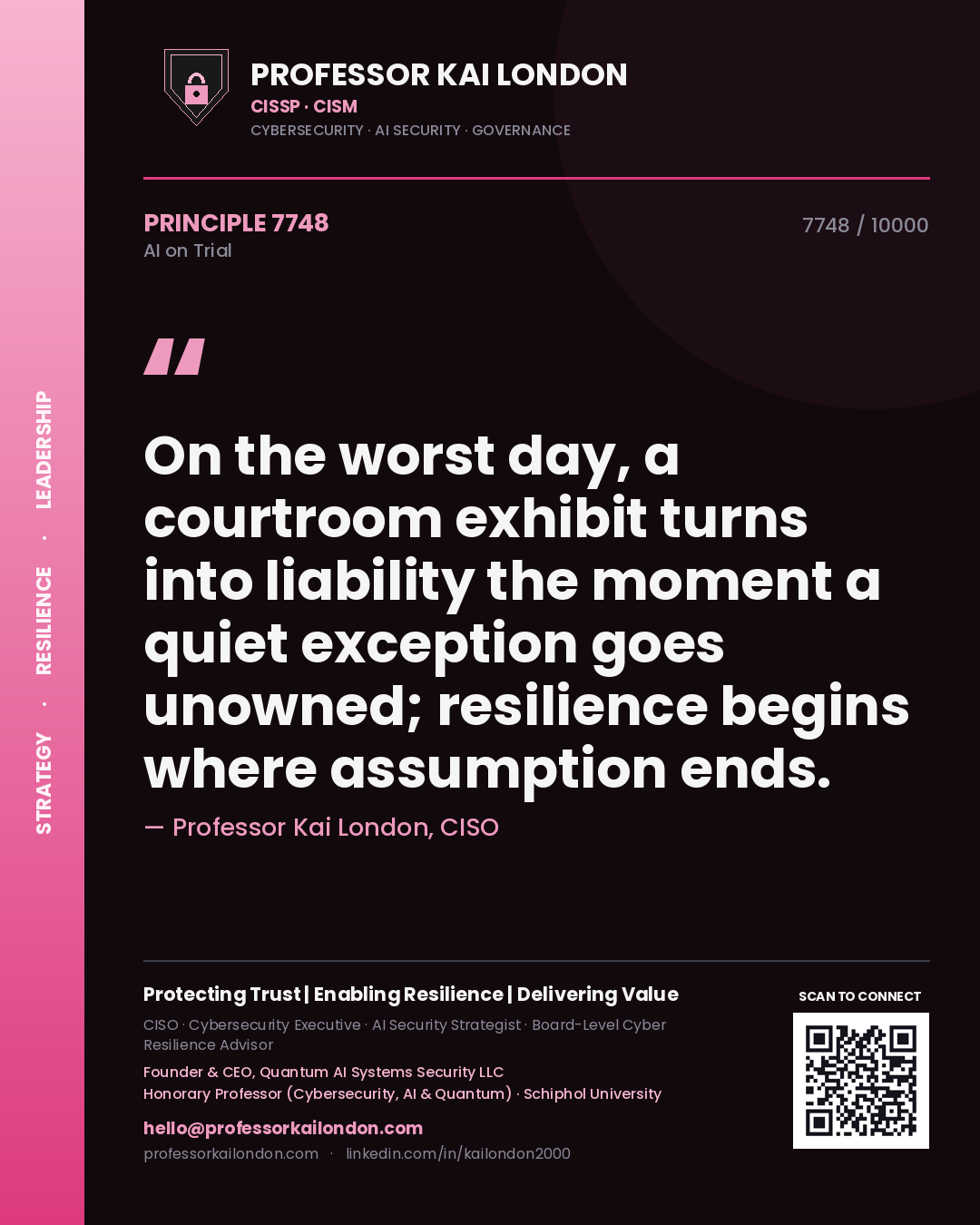 Quote card by Professor Kai London reading 'On the worst day, a courtroom exhibit turns into liability the moment a quiet exception goes unowned; resilience begins where assumption ends.'. From the book AI on Trial.