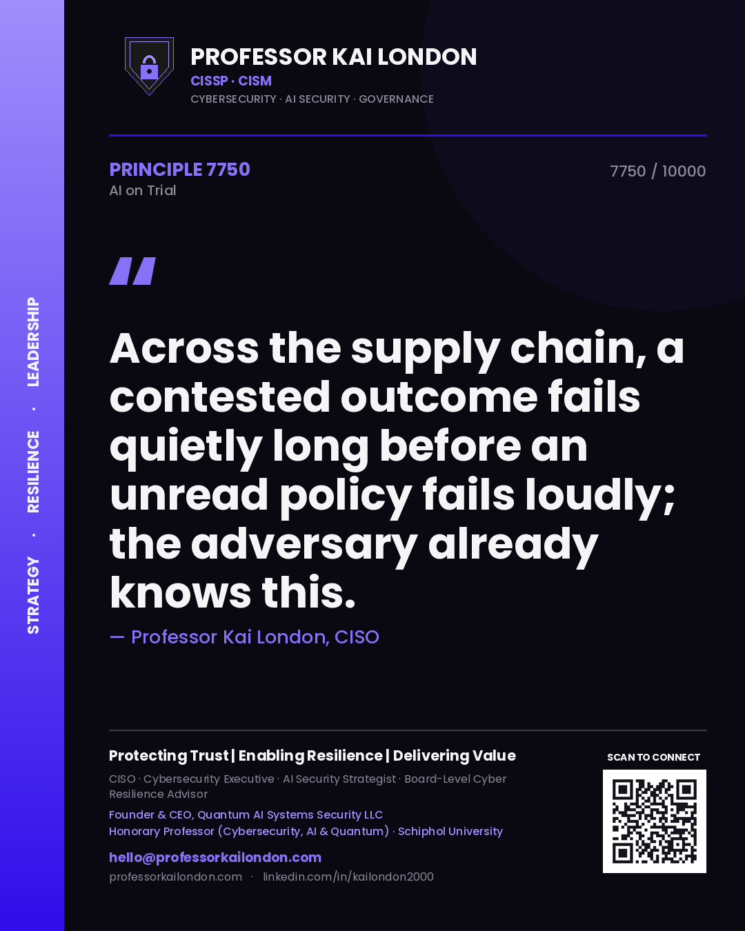 Quote card by Professor Kai London reading 'Across the supply chain, a contested outcome fails quietly long before an unread policy fails loudly; the adversary already knows this.'. From the book AI on Trial.
