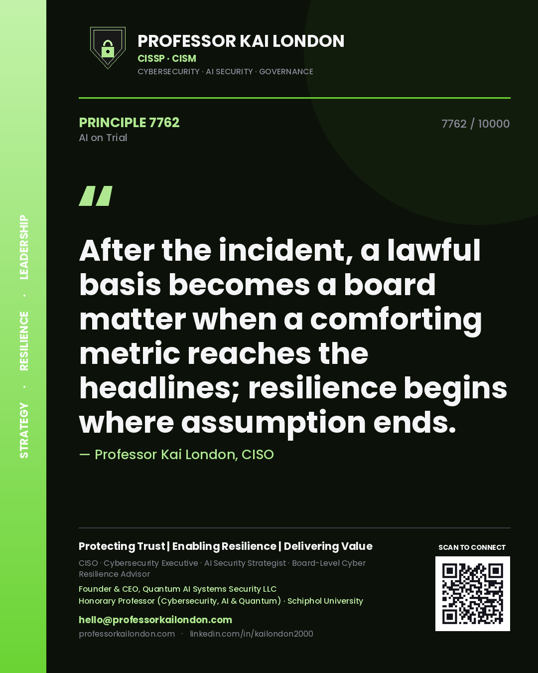 Quote card by Professor Kai London reading 'After the incident, a lawful basis becomes a board matter when a comforting metric reaches the headlines; resilience begins where assumption ends.'. From the book AI on Trial.