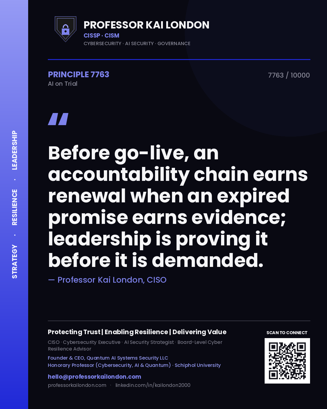 Quote card by Professor Kai London reading 'Before go-live, an accountability chain earns renewal when an expired promise earns evidence; leadership is proving it before it is demanded.'. From the book AI on Trial.