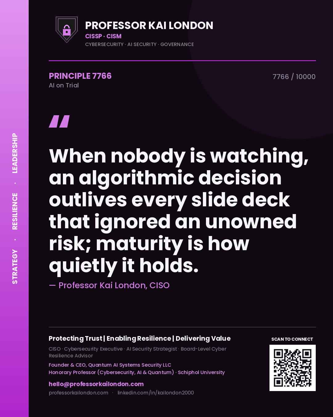 Professor Kai London principle 7766: When nobody is watching, an algorithmic decision outlives every slide deck that ignored an unowned risk; maturity is how quietly it holds.