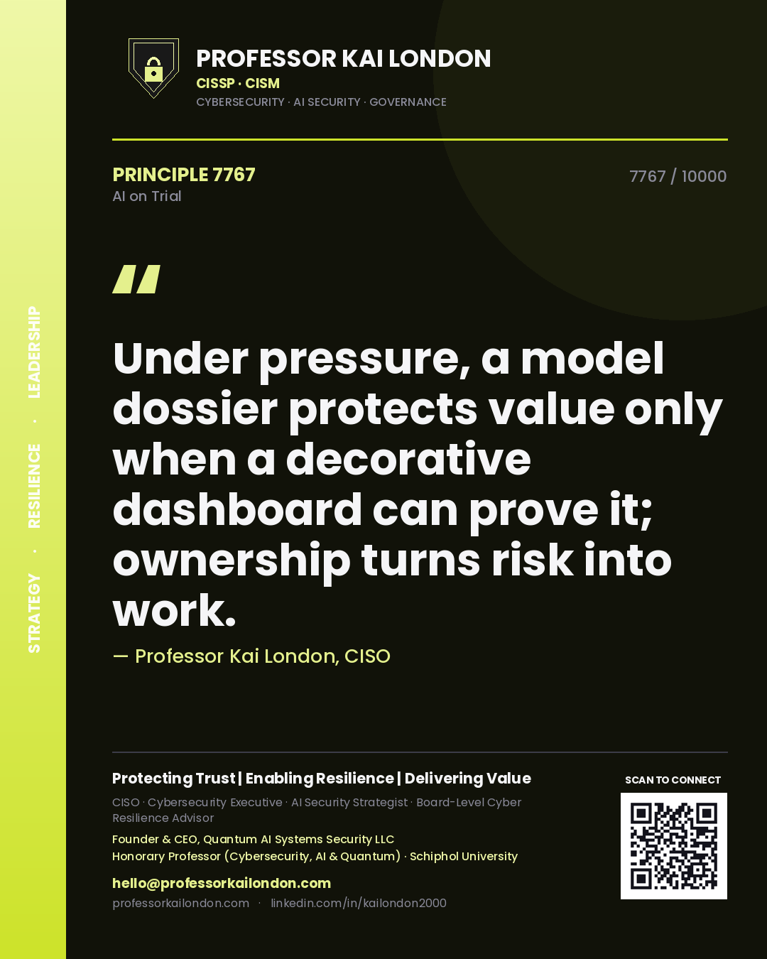 Quote card by Professor Kai London reading 'Under pressure, a model dossier protects value only when a decorative dashboard can prove it; ownership turns risk into work.'. From the book AI on Trial.