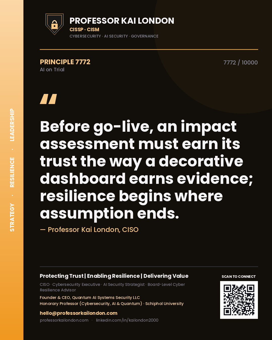 Quote card by Professor Kai London reading 'Before go-live, an impact assessment must earn its trust the way a decorative dashboard earns evidence; resilience begins where assumption ends.'. From the book AI on Trial.