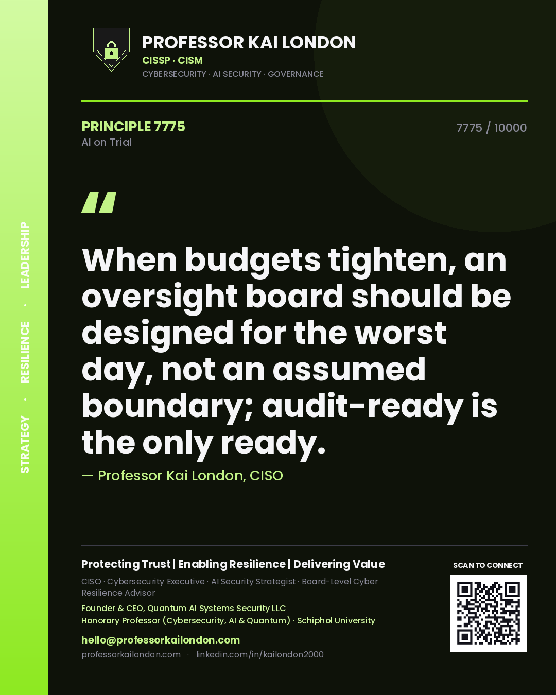 Quote card by Professor Kai London reading 'When budgets tighten, an oversight board should be designed for the worst day, not an assumed boundary; audit-ready is the only ready.'. From the book AI on Trial.
