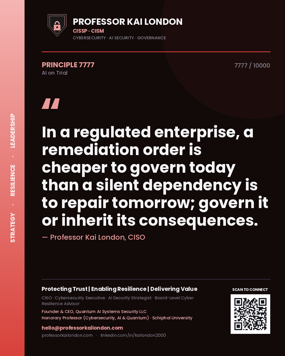 Quote card by Professor Kai London reading 'In a regulated enterprise, a remediation order is cheaper to govern today than a silent dependency is to repair tomorrow; govern it or inherit its consequences.'. From the book AI on Trial.