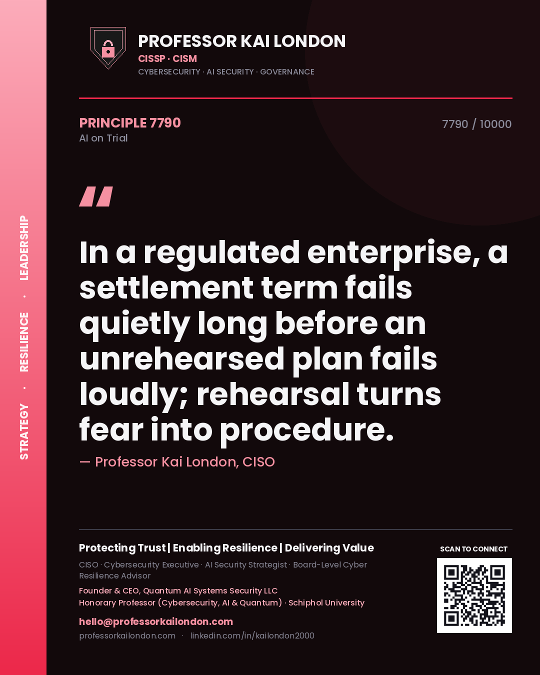 Quote card by Professor Kai London reading 'In a regulated enterprise, a settlement term fails quietly long before an unrehearsed plan fails loudly; rehearsal turns fear into procedure.'. From the book AI on Trial.