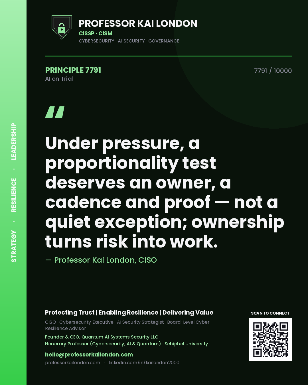 Quote card by Professor Kai London reading 'Under pressure, a proportionality test deserves an owner, a cadence and proof — not a quiet exception; ownership turns risk into work.'. From the book AI on Trial.