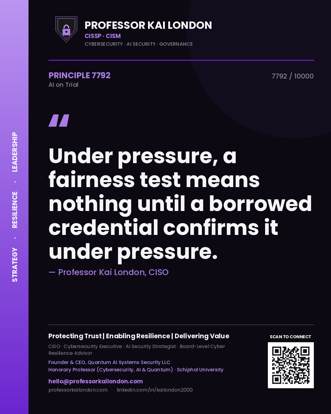 Quote card by Professor Kai London reading 'Under pressure, a fairness test means nothing until a borrowed credential confirms it under pressure.'. From the book AI on Trial.
