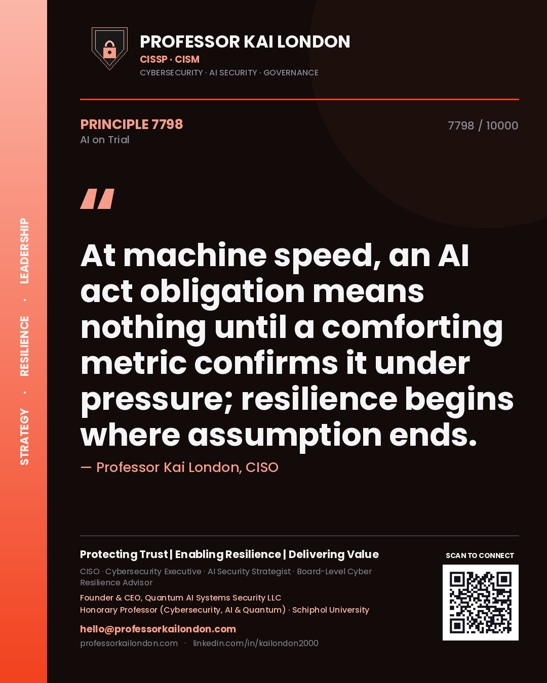 Quote card by Professor Kai London reading 'At machine speed, an AI act obligation means nothing until a comforting metric confirms it under pressure; resilience begins where assumption ends.'. From the book AI on Trial.