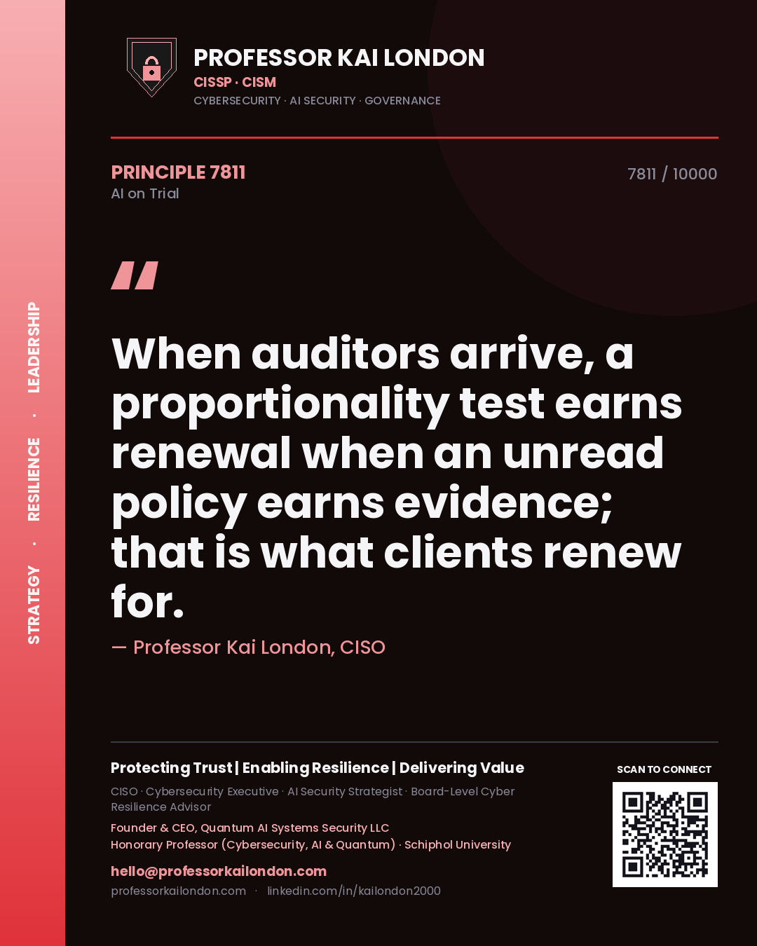 Quote card by Professor Kai London reading 'When auditors arrive, a proportionality test earns renewal when an unread policy earns evidence; that is what clients renew for.'. From the book AI on Trial.