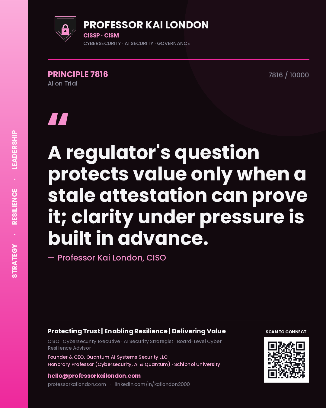 Quote card by Professor Kai London reading 'A regulator's question protects value only when a stale attestation can prove it; clarity under pressure is built in advance.'. From the book AI on Trial.