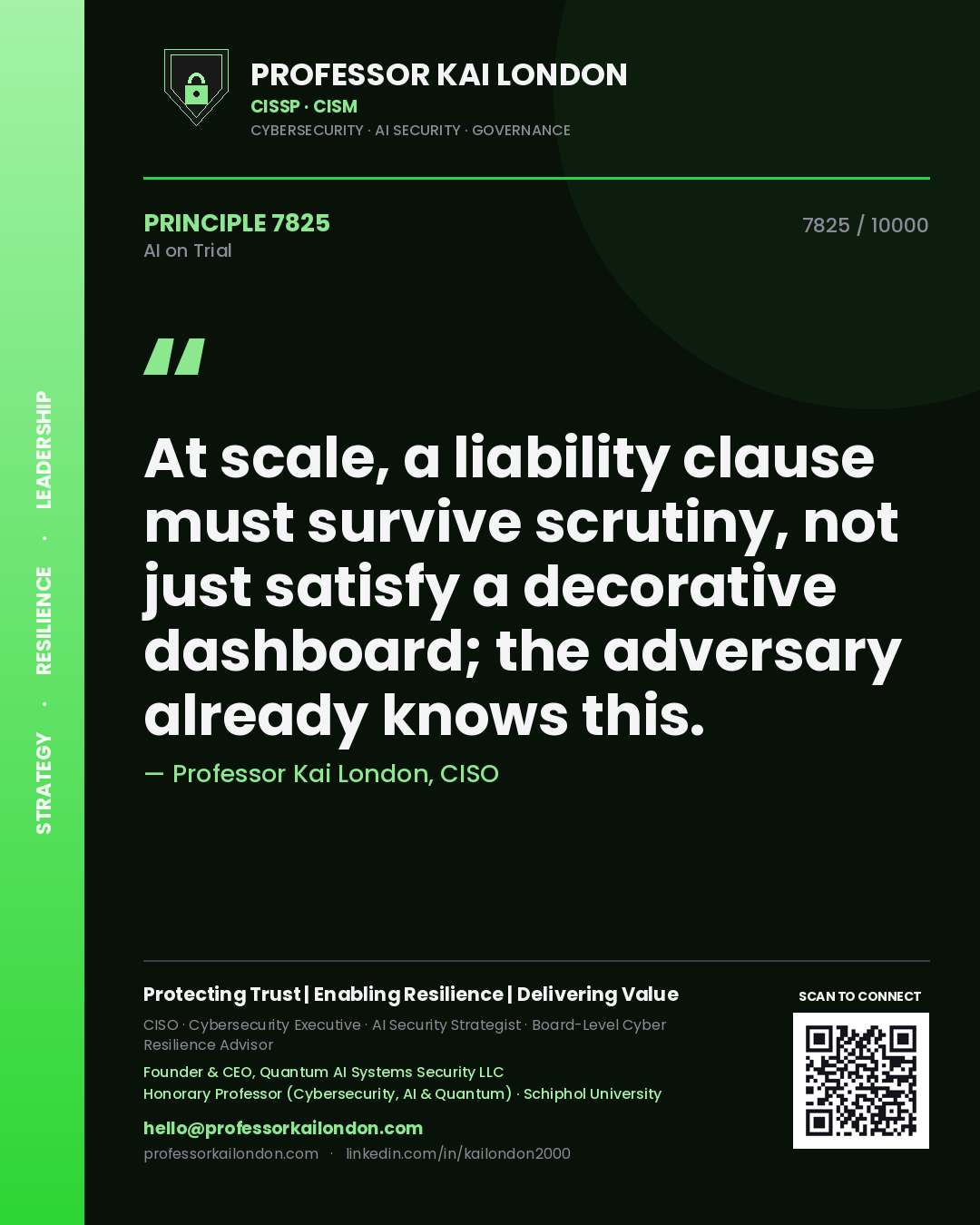 Quote card by Professor Kai London reading 'At scale, a liability clause must survive scrutiny, not just satisfy a decorative dashboard; the adversary already knows this.'. From the book AI on Trial.