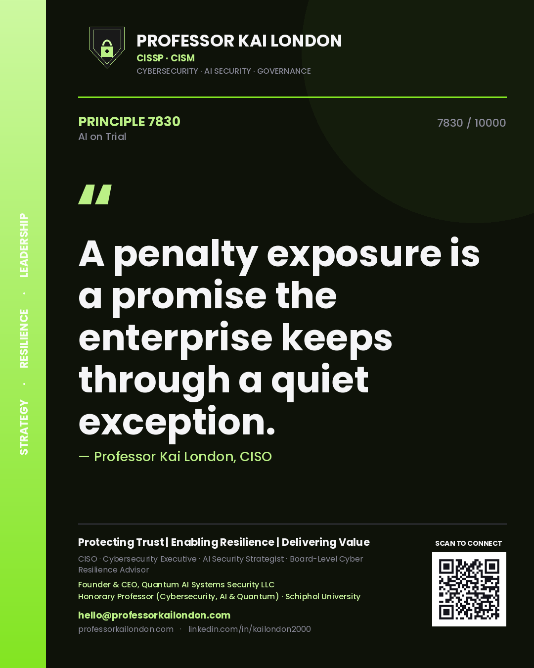 Quote card by Professor Kai London reading 'A penalty exposure is a promise the enterprise keeps through a quiet exception.'. From the book AI on Trial.