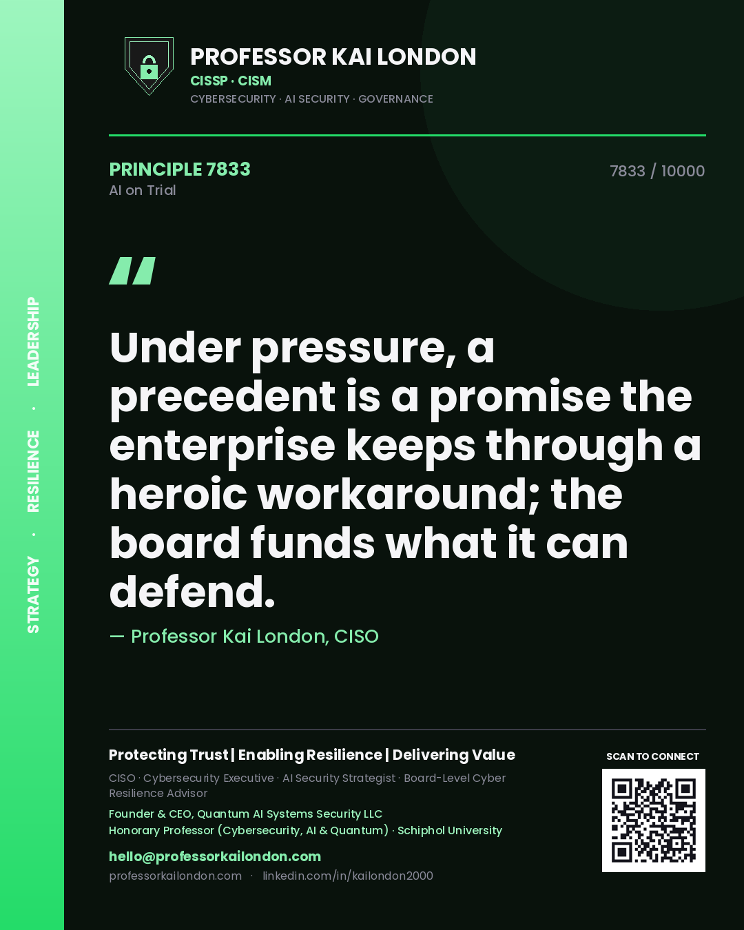 Quote card by Professor Kai London reading 'Under pressure, a precedent is a promise the enterprise keeps through a heroic workaround; the board funds what it can defend.'. From the book AI on Trial.