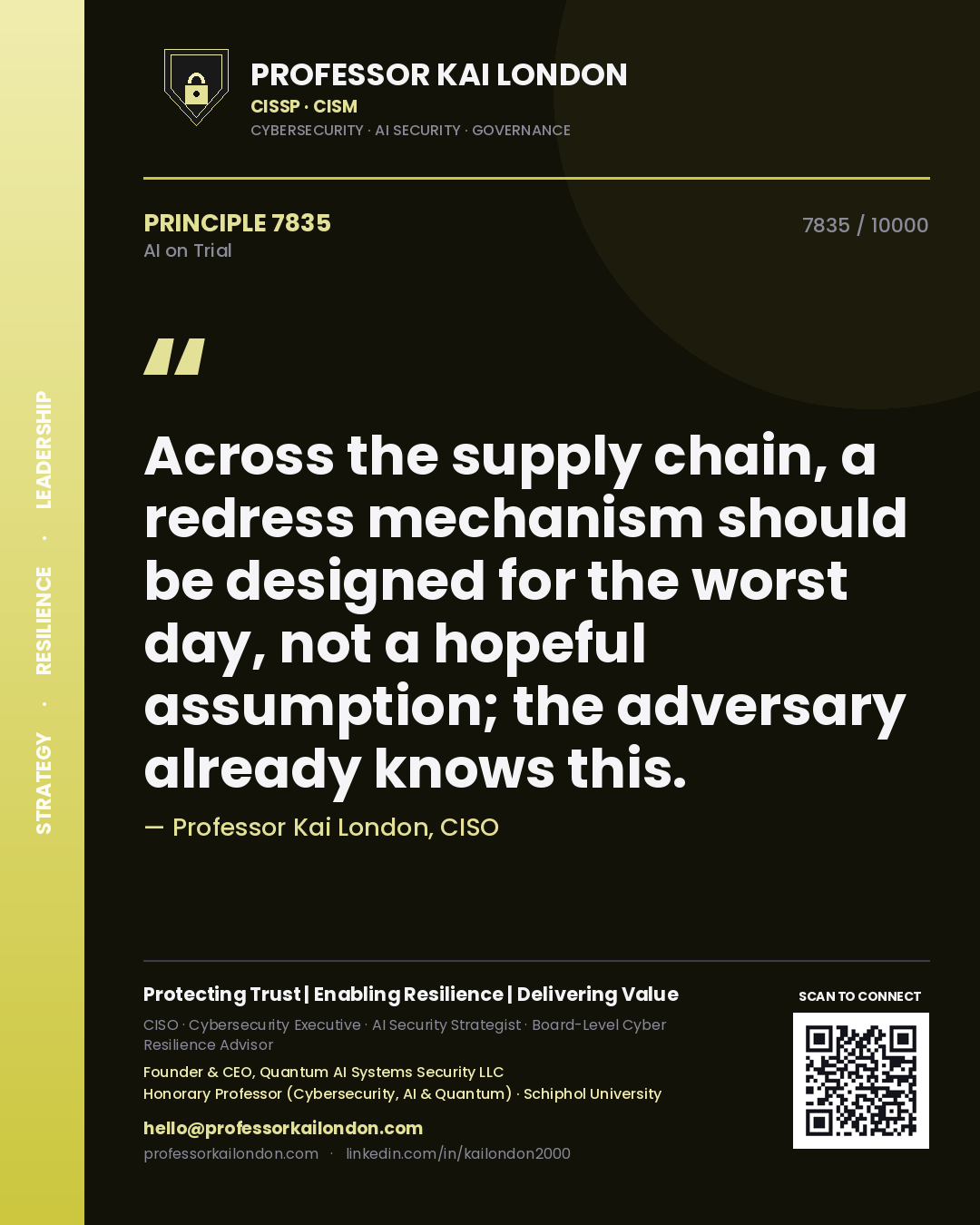 Quote card by Professor Kai London reading 'Across the supply chain, a redress mechanism should be designed for the worst day, not a hopeful assumption; the adversary already knows this.'. From the book AI on Trial.