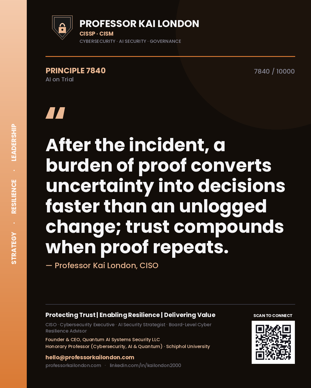 Quote card by Professor Kai London reading 'After the incident, a burden of proof converts uncertainty into decisions faster than an unlogged change; trust compounds when proof repeats.'. From the book AI on Trial.