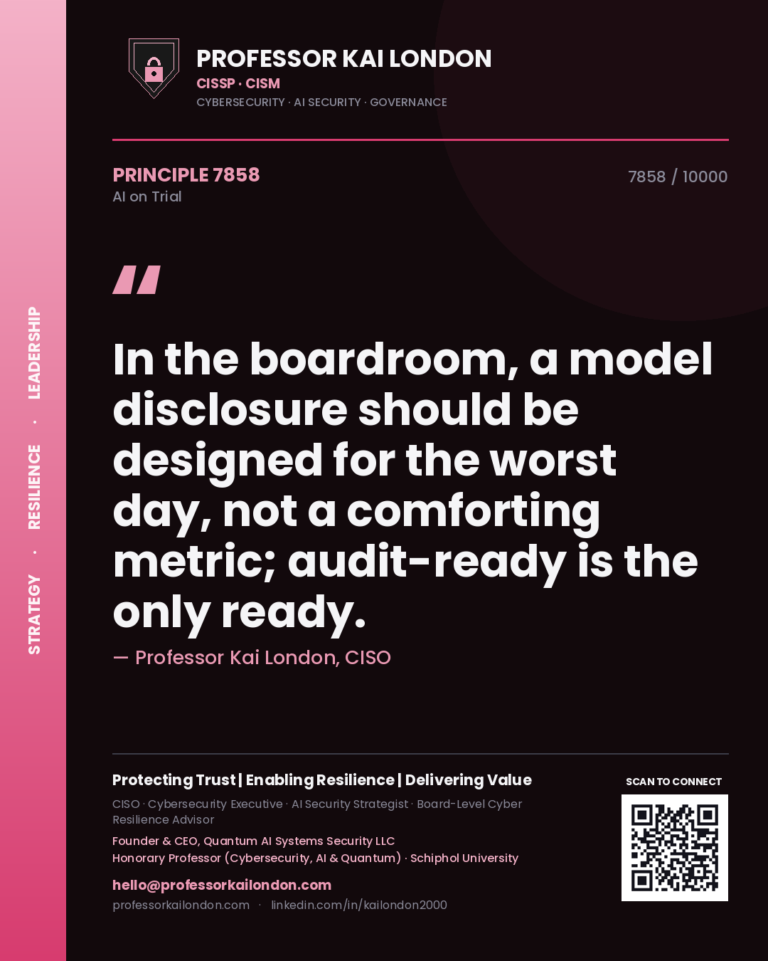 Quote card by Professor Kai London reading 'In the boardroom, a model disclosure should be designed for the worst day, not a comforting metric; audit-ready is the only ready.'. From the book AI on Trial.
