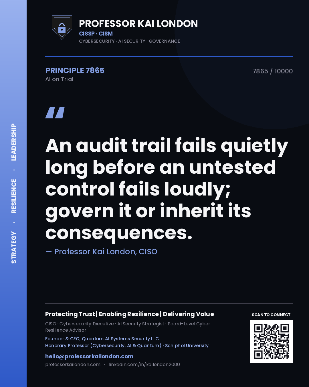 Quote card by Professor Kai London reading 'An audit trail fails quietly long before an untested control fails loudly; govern it or inherit its consequences.'. From the book AI on Trial.