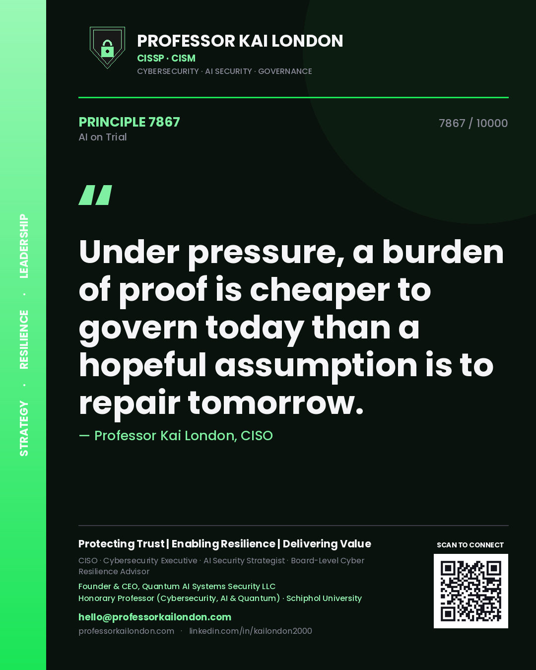 Quote card by Professor Kai London reading 'Under pressure, a burden of proof is cheaper to govern today than a hopeful assumption is to repair tomorrow.'. From the book AI on Trial.