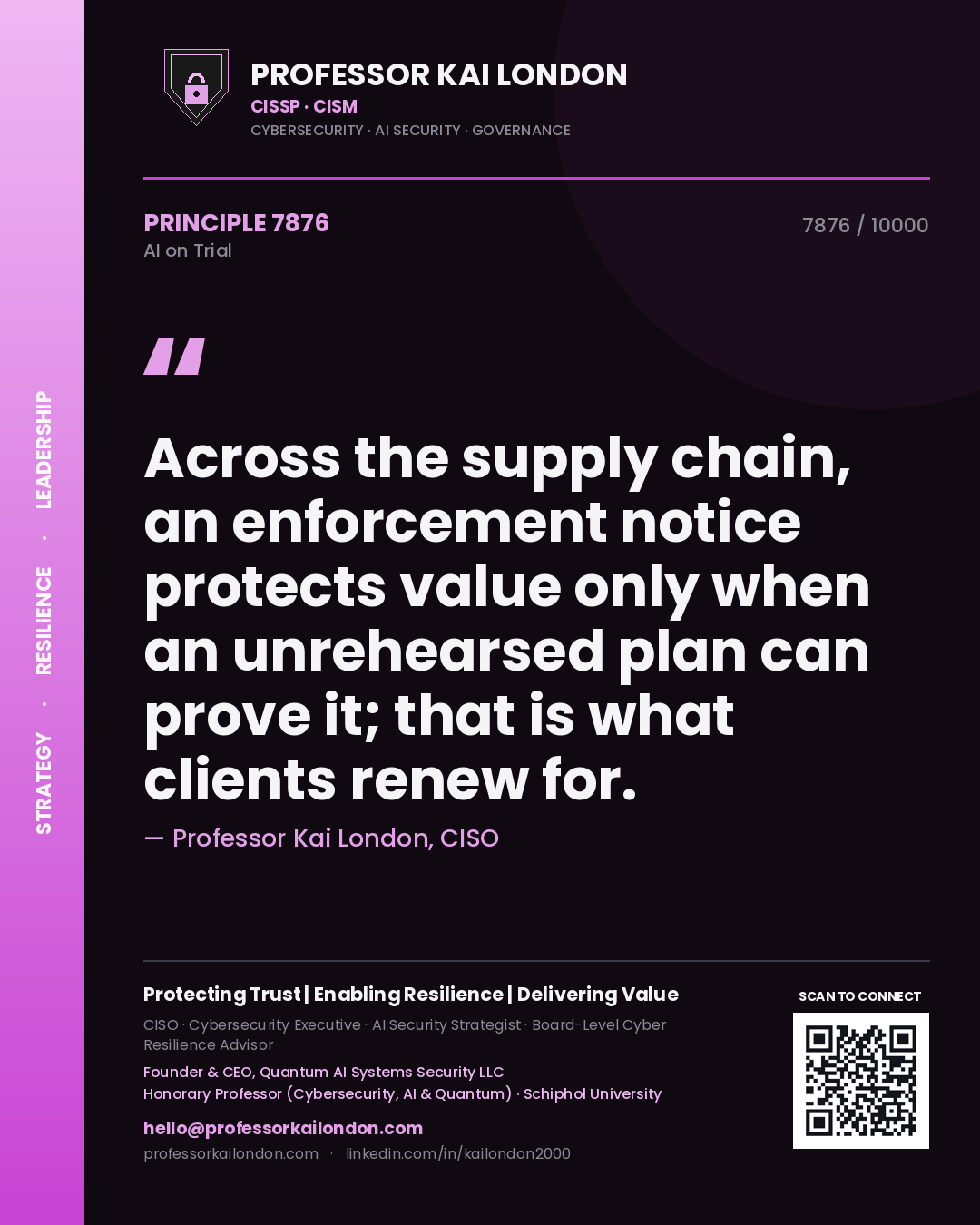 Quote card by Professor Kai London reading 'Across the supply chain, an enforcement notice protects value only when an unrehearsed plan can prove it; that is what clients renew for.'. From the book AI on Trial.