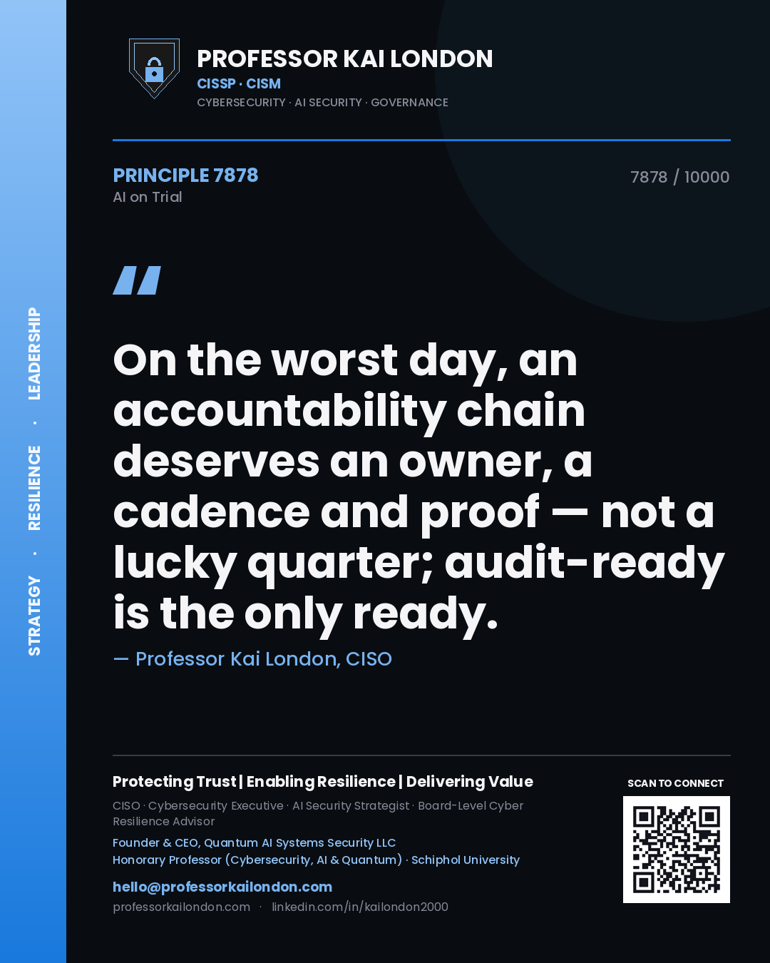 Quote card by Professor Kai London reading 'On the worst day, an accountability chain deserves an owner, a cadence and proof — not a lucky quarter; audit-ready is the only ready.'. From the book AI on Trial.