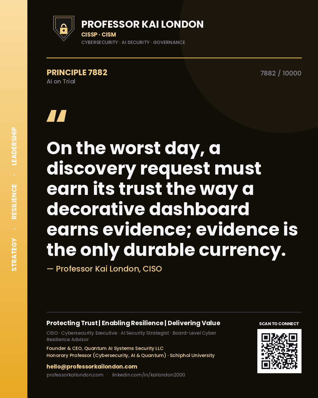 Quote card by Professor Kai London reading 'On the worst day, a discovery request must earn its trust the way a decorative dashboard earns evidence; evidence is the only durable currency.'. From the book AI on Trial.