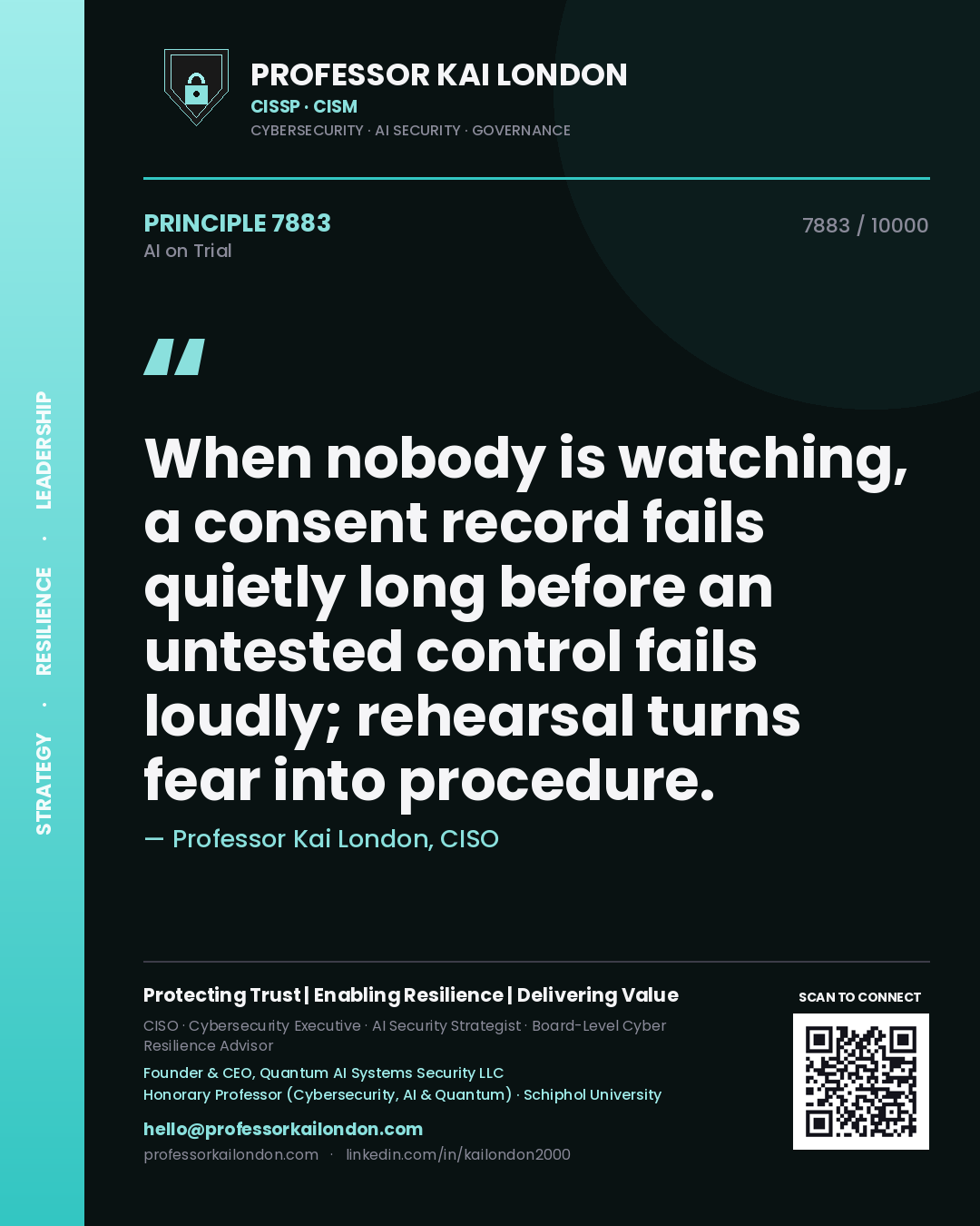 Quote card by Professor Kai London reading 'When nobody is watching, a consent record fails quietly long before an untested control fails loudly; rehearsal turns fear into procedure.'. From the book AI on Trial.