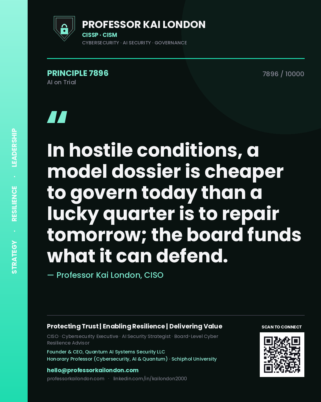Professor Kai London principle 7896: In hostile conditions, a model dossier is cheaper to govern today than a lucky quarter is to repair tomorrow; the board funds what it can defend.