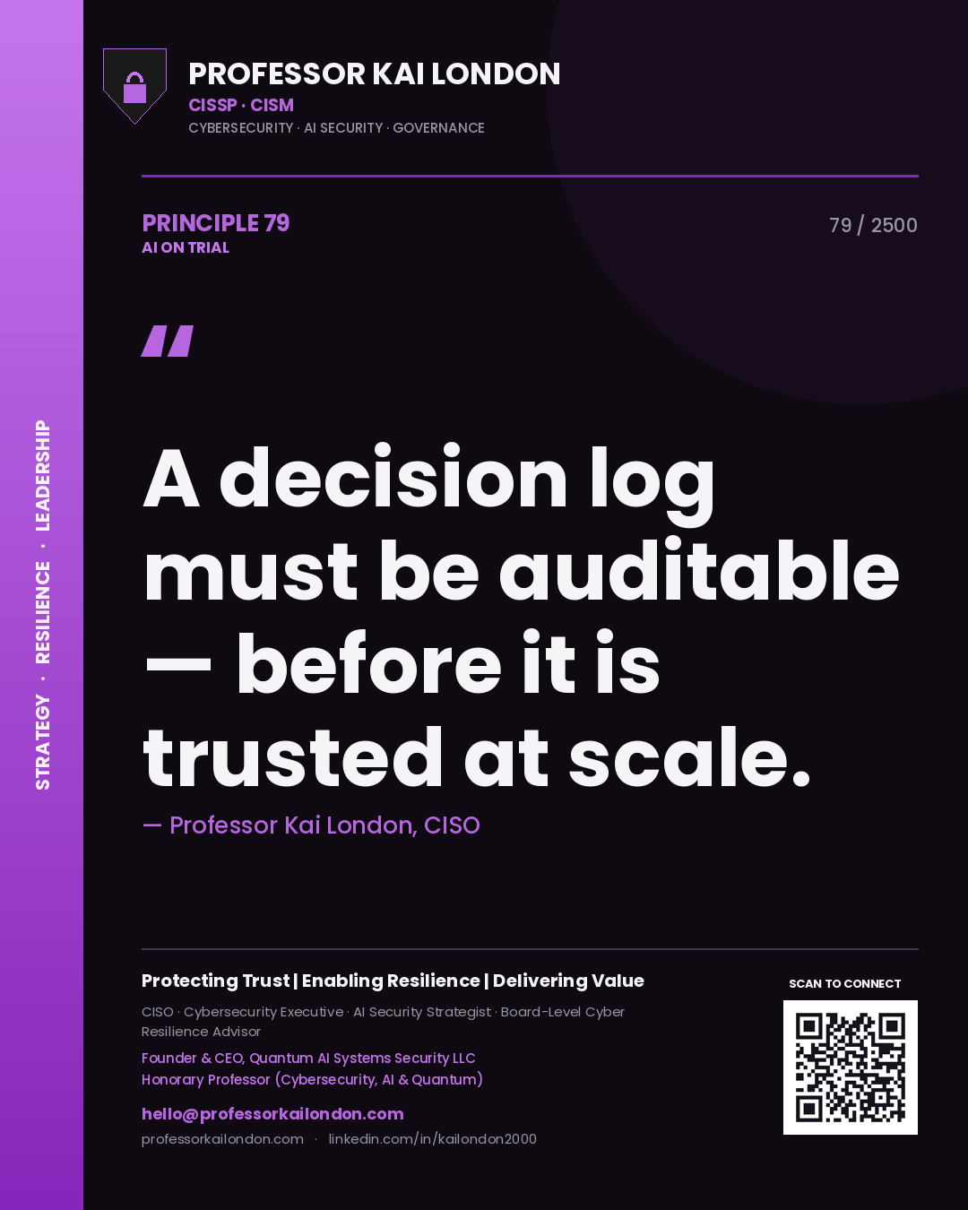 Professor Kai London principle 79: A decision log must be auditable — before it is trusted at scale.