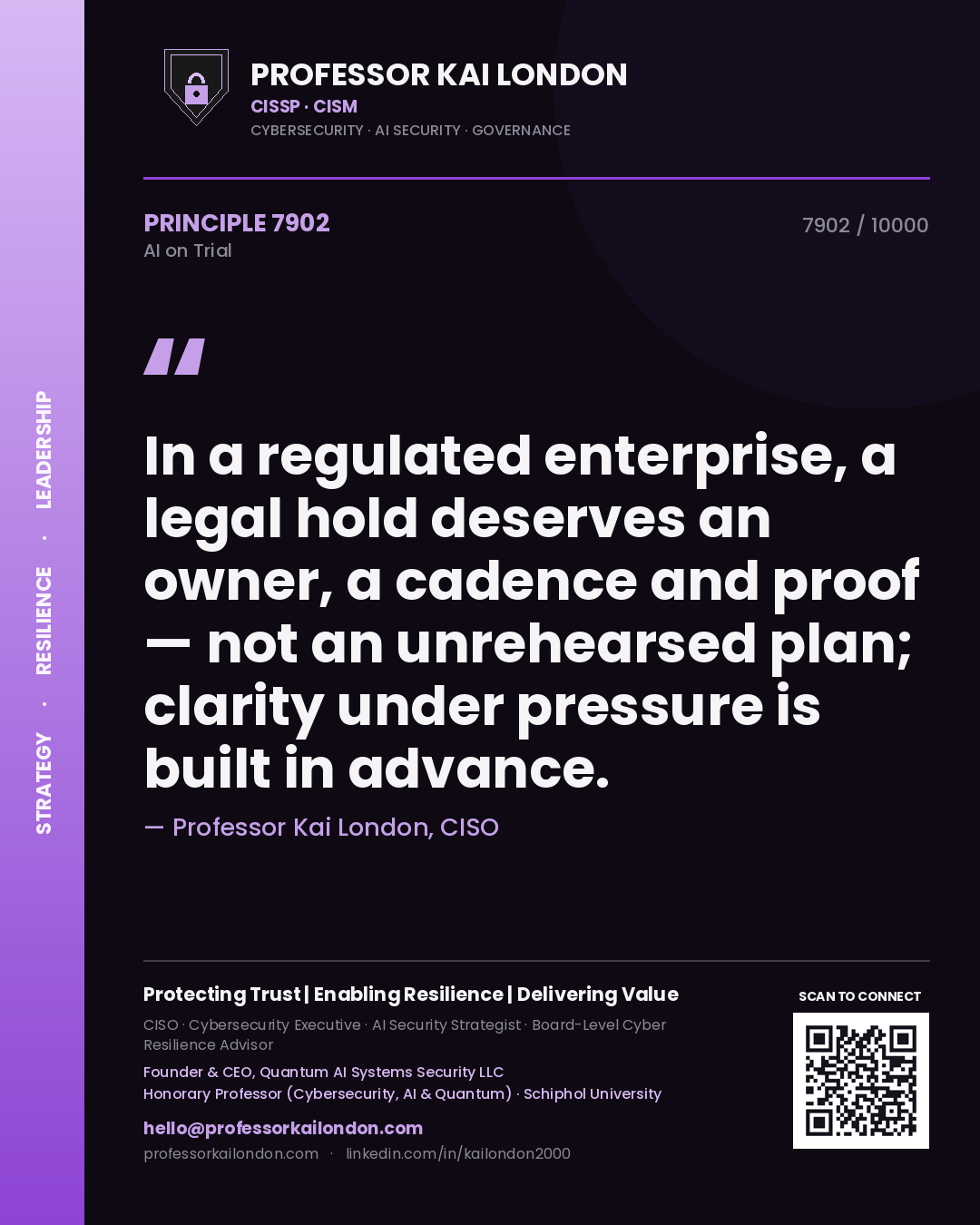 Professor Kai London principle 7902: In a regulated enterprise, a legal hold deserves an owner, a cadence and proof — not an unrehearsed plan; clarity under pressure is built in advance.