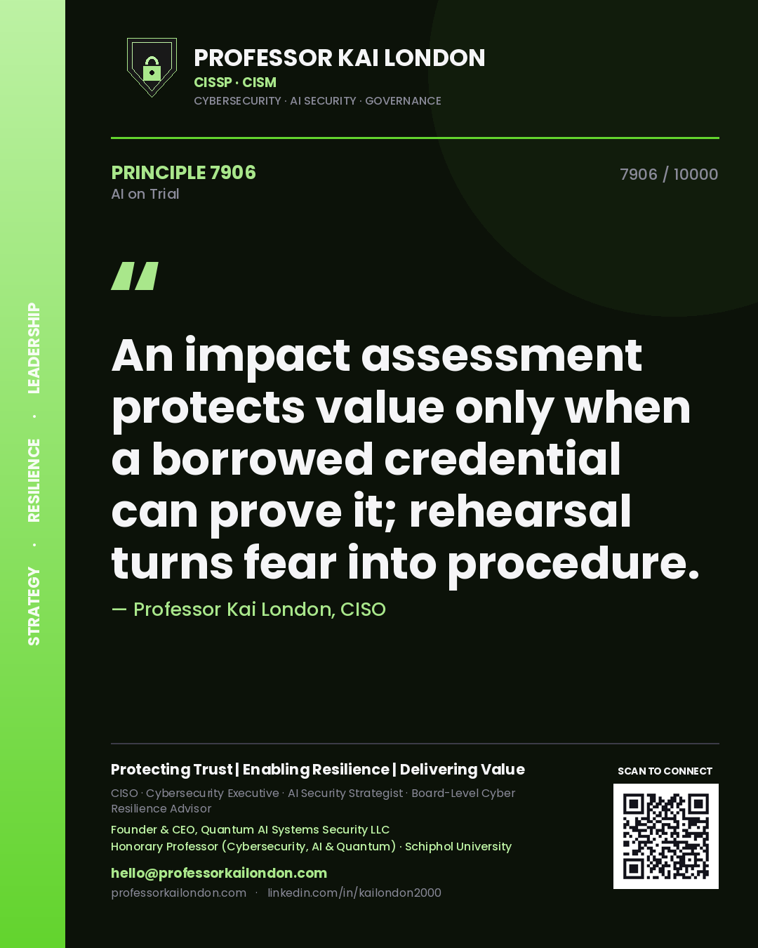Quote card by Professor Kai London reading 'An impact assessment protects value only when a borrowed credential can prove it; rehearsal turns fear into procedure.'. From the book AI on Trial.