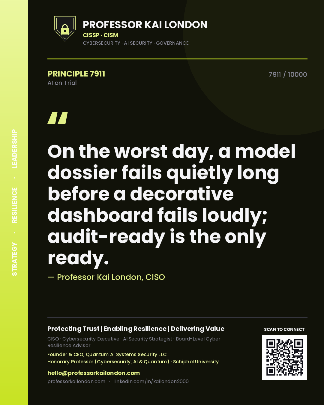 Quote card by Professor Kai London reading 'On the worst day, a model dossier fails quietly long before a decorative dashboard fails loudly; audit-ready is the only ready.'. From the book AI on Trial.