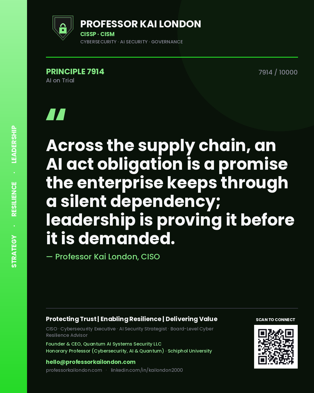 Quote card by Professor Kai London reading 'Across the supply chain, an AI act obligation is a promise the enterprise keeps through a silent dependency; leadership is proving it before it is demanded.'. From the book AI on Trial.