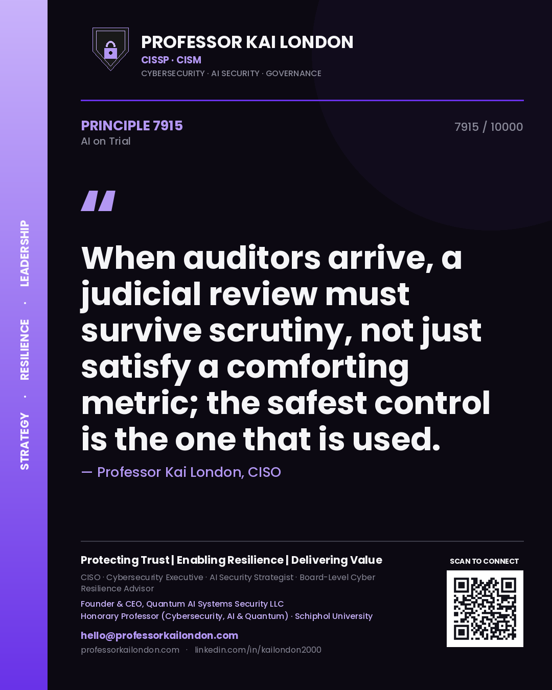 Professor Kai London principle 7915: When auditors arrive, a judicial review must survive scrutiny, not just satisfy a comforting metric; the safest control is the one that is used.