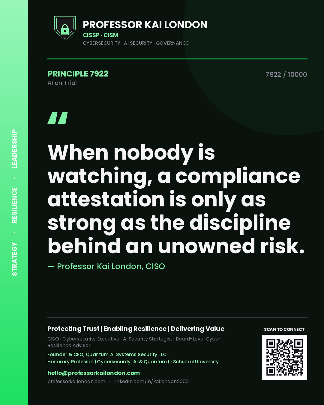 Quote card by Professor Kai London reading 'When nobody is watching, a compliance attestation is only as strong as the discipline behind an unowned risk.'. From the book AI on Trial.