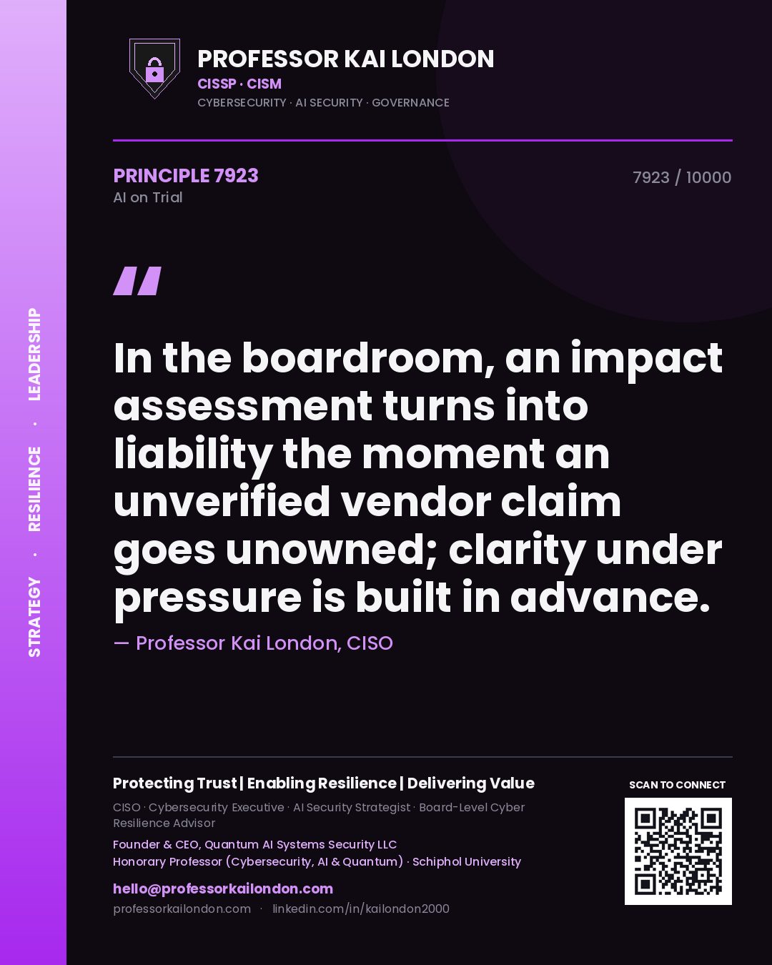 Quote card by Professor Kai London reading 'In the boardroom, an impact assessment turns into liability the moment an unverified vendor claim goes unowned; clarity under pressure is built in advance.'. From the book AI on Trial.