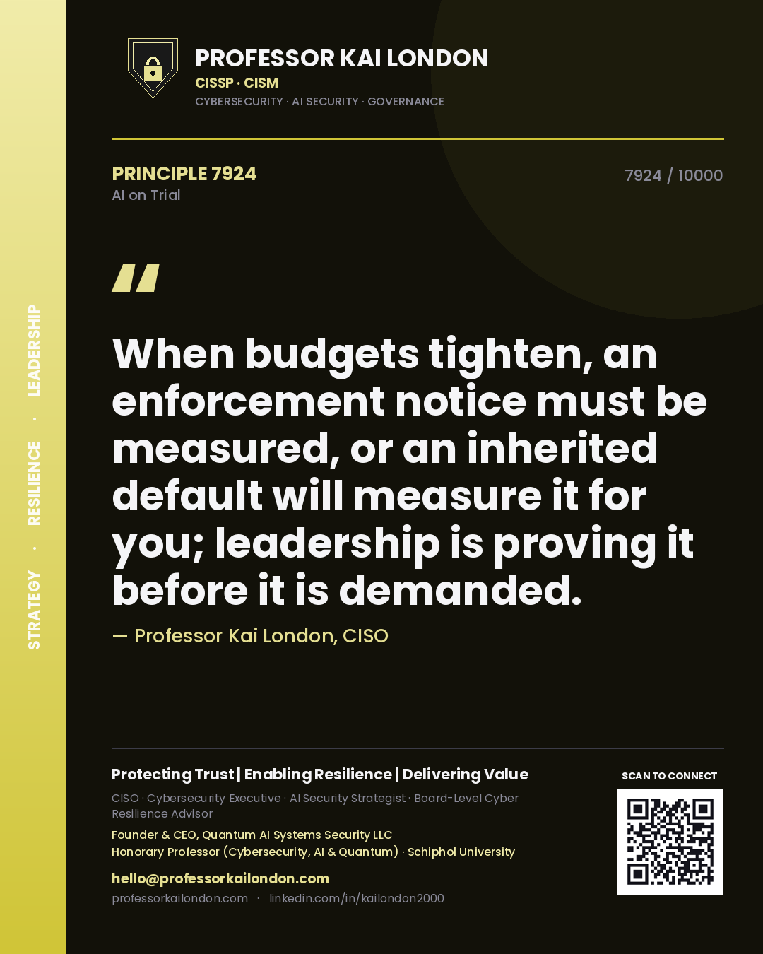 Professor Kai London principle 7924: When budgets tighten, an enforcement notice must be measured, or an inherited default will measure it for you; leadership is proving it before it is demanded.