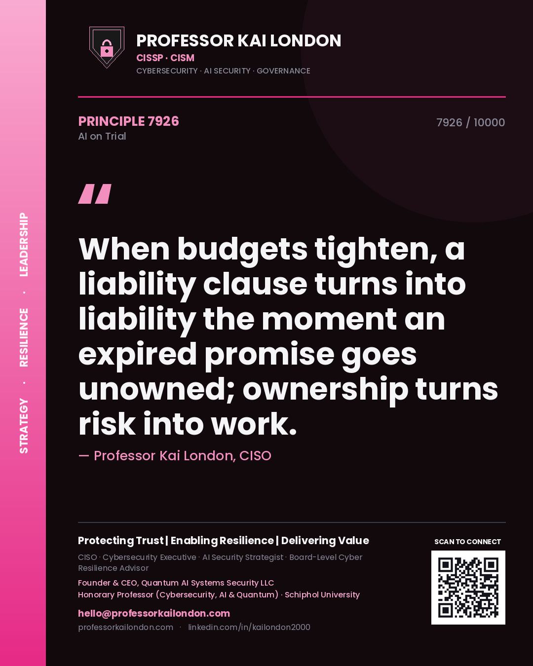 Quote card by Professor Kai London reading 'When budgets tighten, a liability clause turns into liability the moment an expired promise goes unowned; ownership turns risk into work.'. From the book AI on Trial.