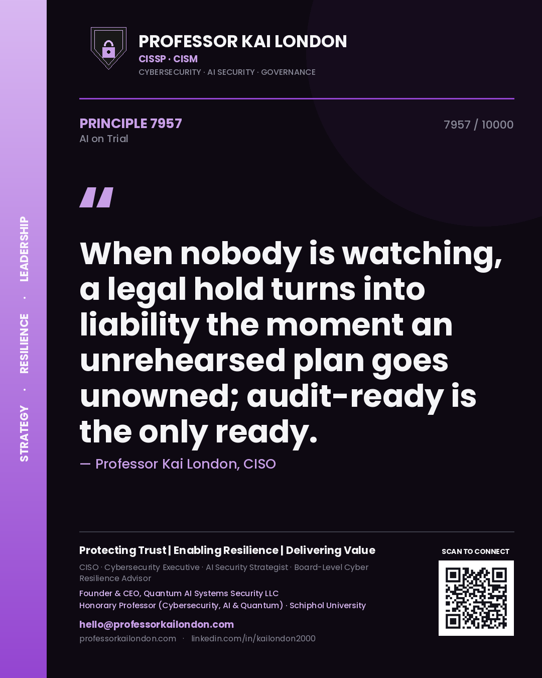 Professor Kai London principle 7957: When nobody is watching, a legal hold turns into liability the moment an unrehearsed plan goes unowned; audit-ready is the only ready.