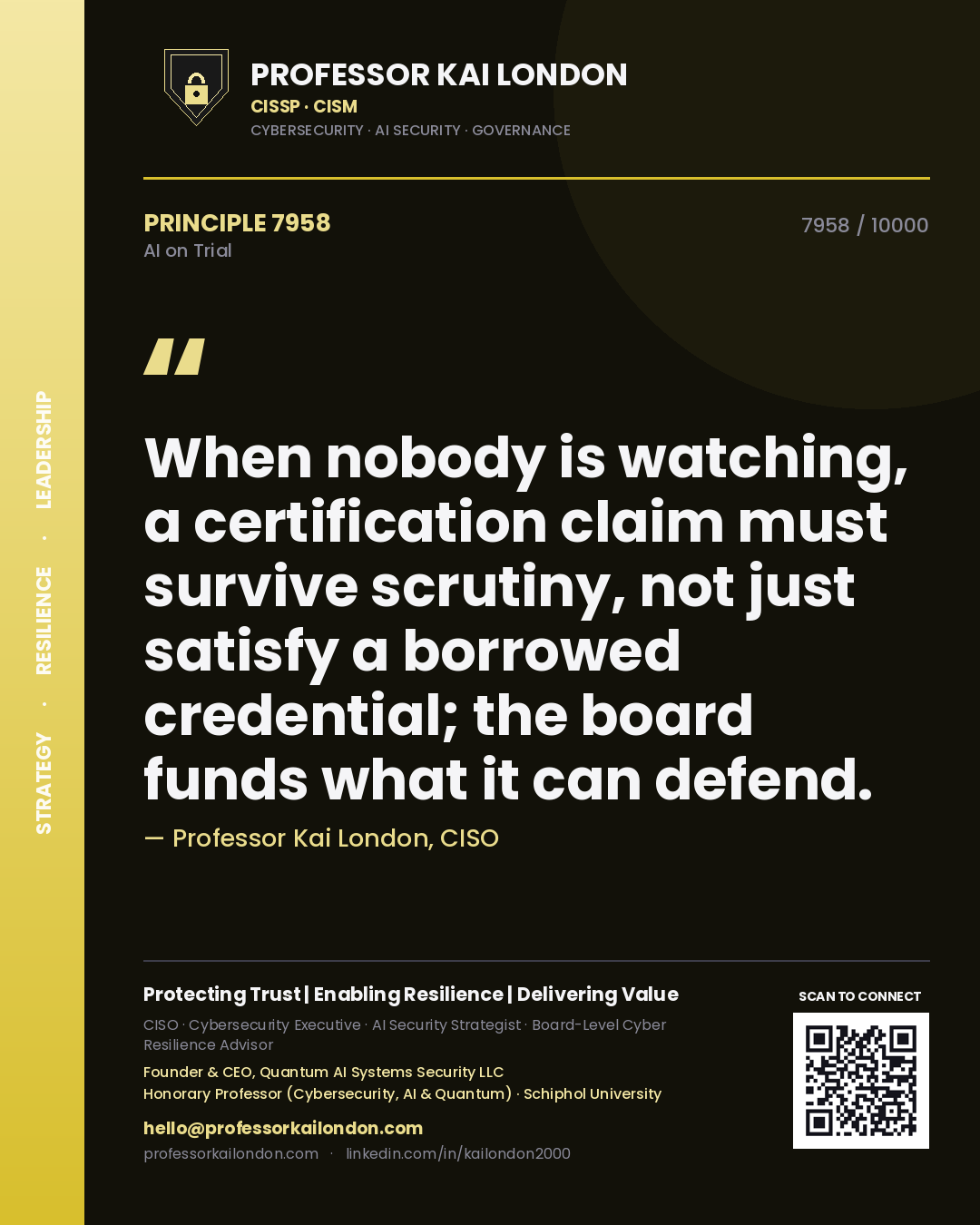 Quote card by Professor Kai London reading 'When nobody is watching, a certification claim must survive scrutiny, not just satisfy a borrowed credential; the board funds what it can defend.'. From the book AI on Trial.