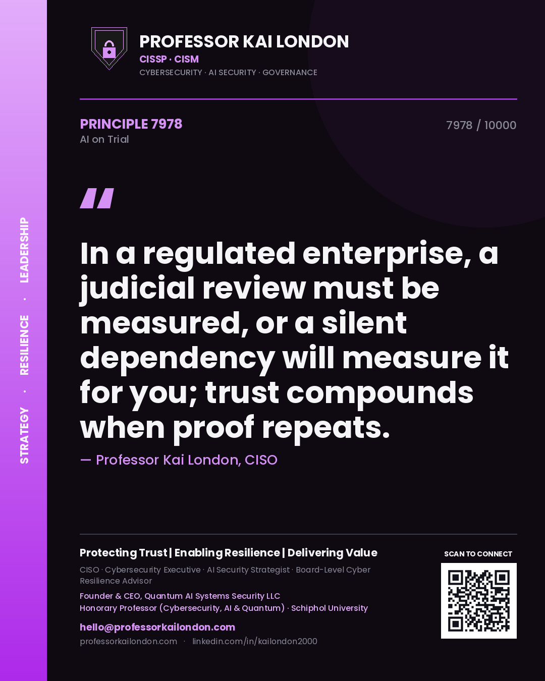 Professor Kai London principle 7978: In a regulated enterprise, a judicial review must be measured, or a silent dependency will measure it for you; trust compounds when proof repeats.