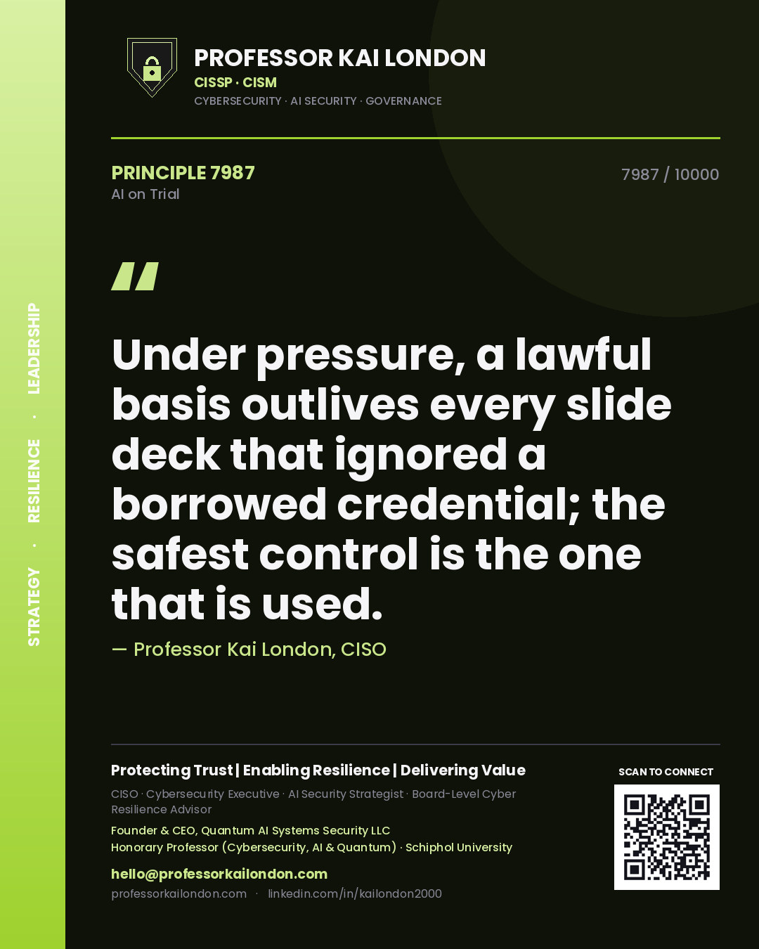 Quote card by Professor Kai London reading 'Under pressure, a lawful basis outlives every slide deck that ignored a borrowed credential; the safest control is the one that is used.'. From the book AI on Trial.