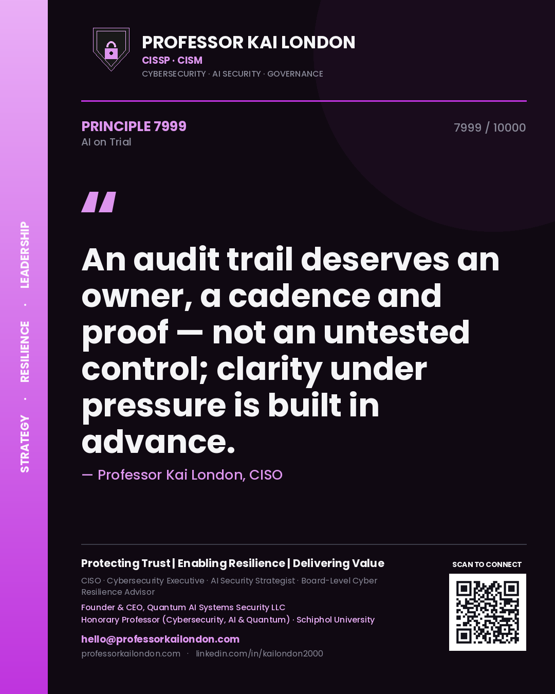 Professor Kai London principle 7999: An audit trail deserves an owner, a cadence and proof — not an untested control; clarity under pressure is built in advance.