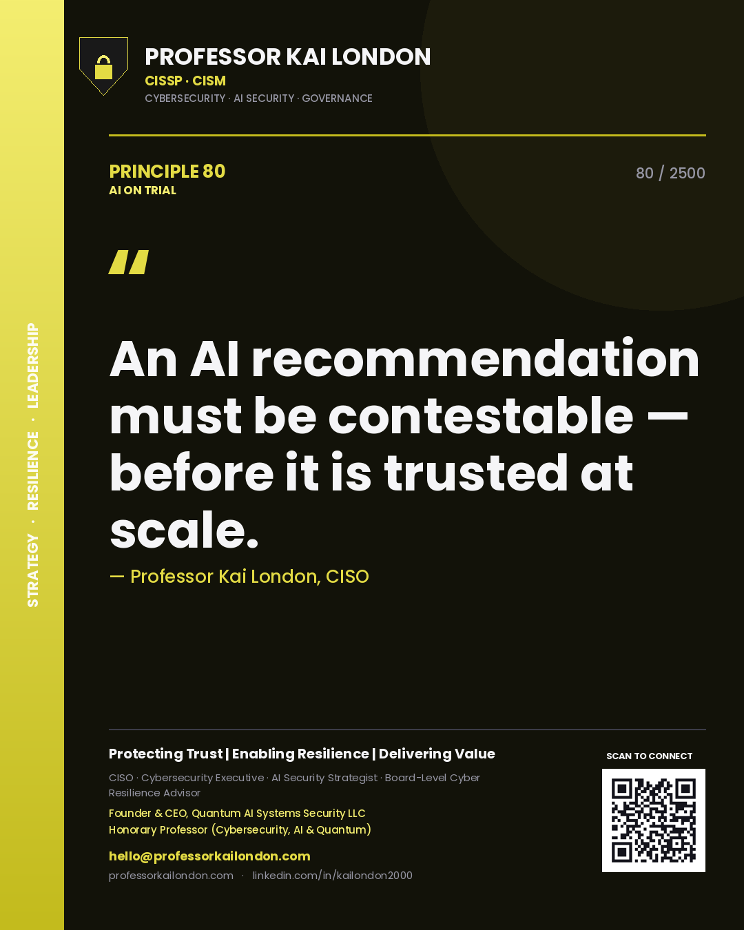 Professor Kai London principle 80: An AI recommendation must be contestable — before it is trusted at scale.