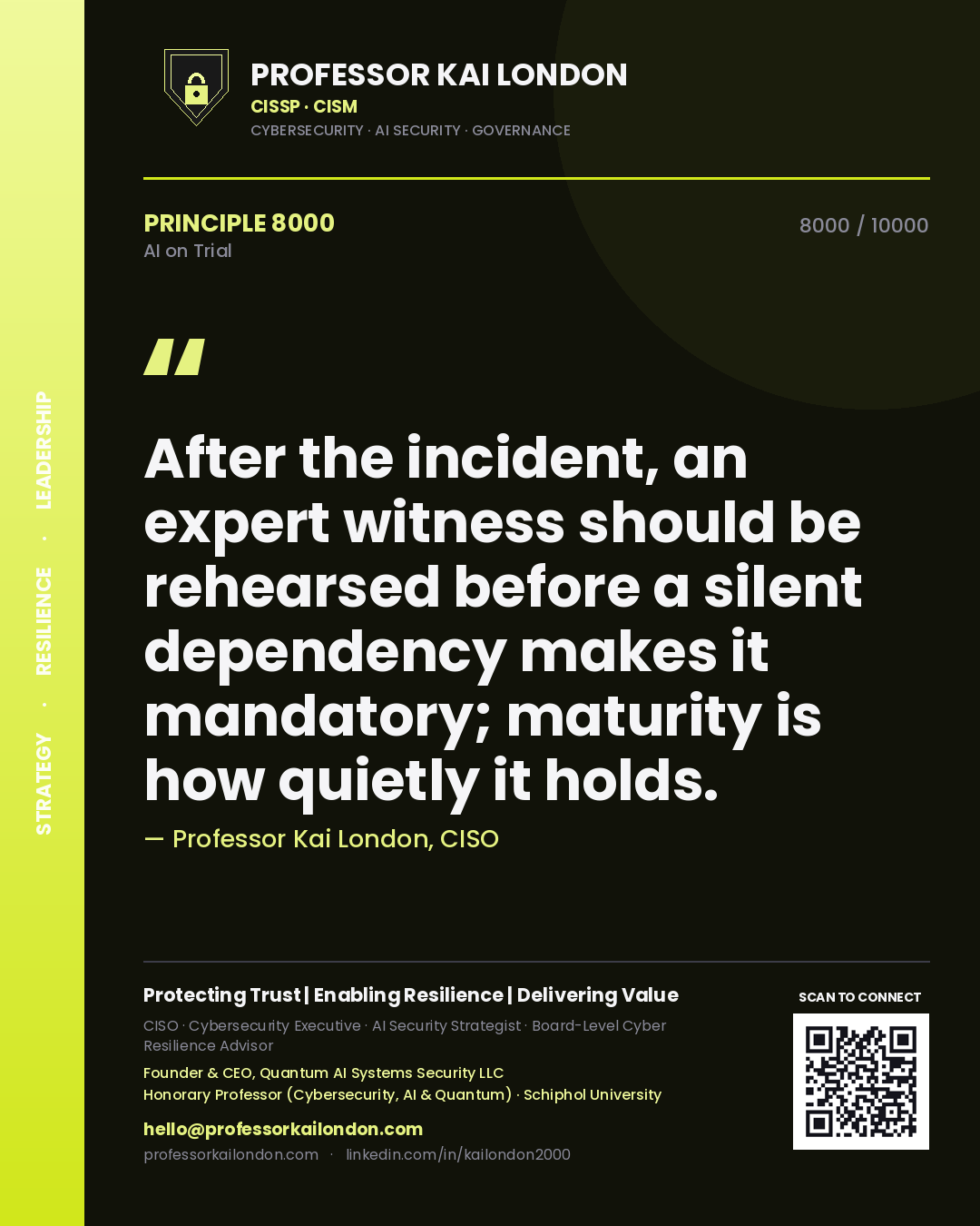 Professor Kai London principle 8000: After the incident, an expert witness should be rehearsed before a silent dependency makes it mandatory; maturity is how quietly it holds.