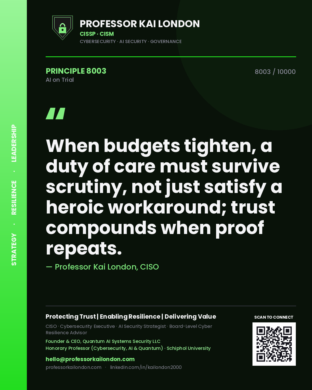 Quote card by Professor Kai London reading 'When budgets tighten, a duty of care must survive scrutiny, not just satisfy a heroic workaround; trust compounds when proof repeats.'. From the book AI on Trial.