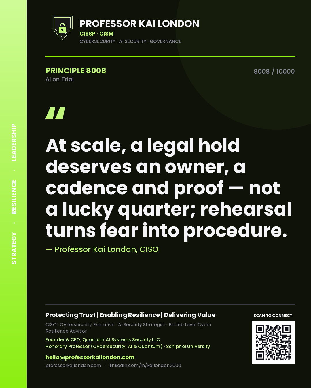Quote card by Professor Kai London reading 'At scale, a legal hold deserves an owner, a cadence and proof — not a lucky quarter; rehearsal turns fear into procedure.'. From the book AI on Trial.