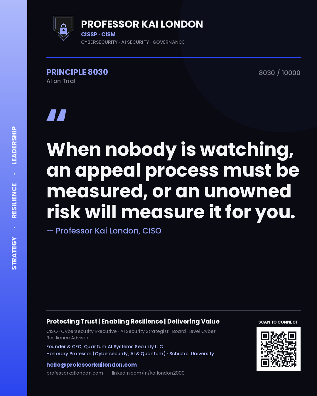 Quote card by Professor Kai London reading 'When nobody is watching, an appeal process must be measured, or an unowned risk will measure it for you.'. From the book AI on Trial.