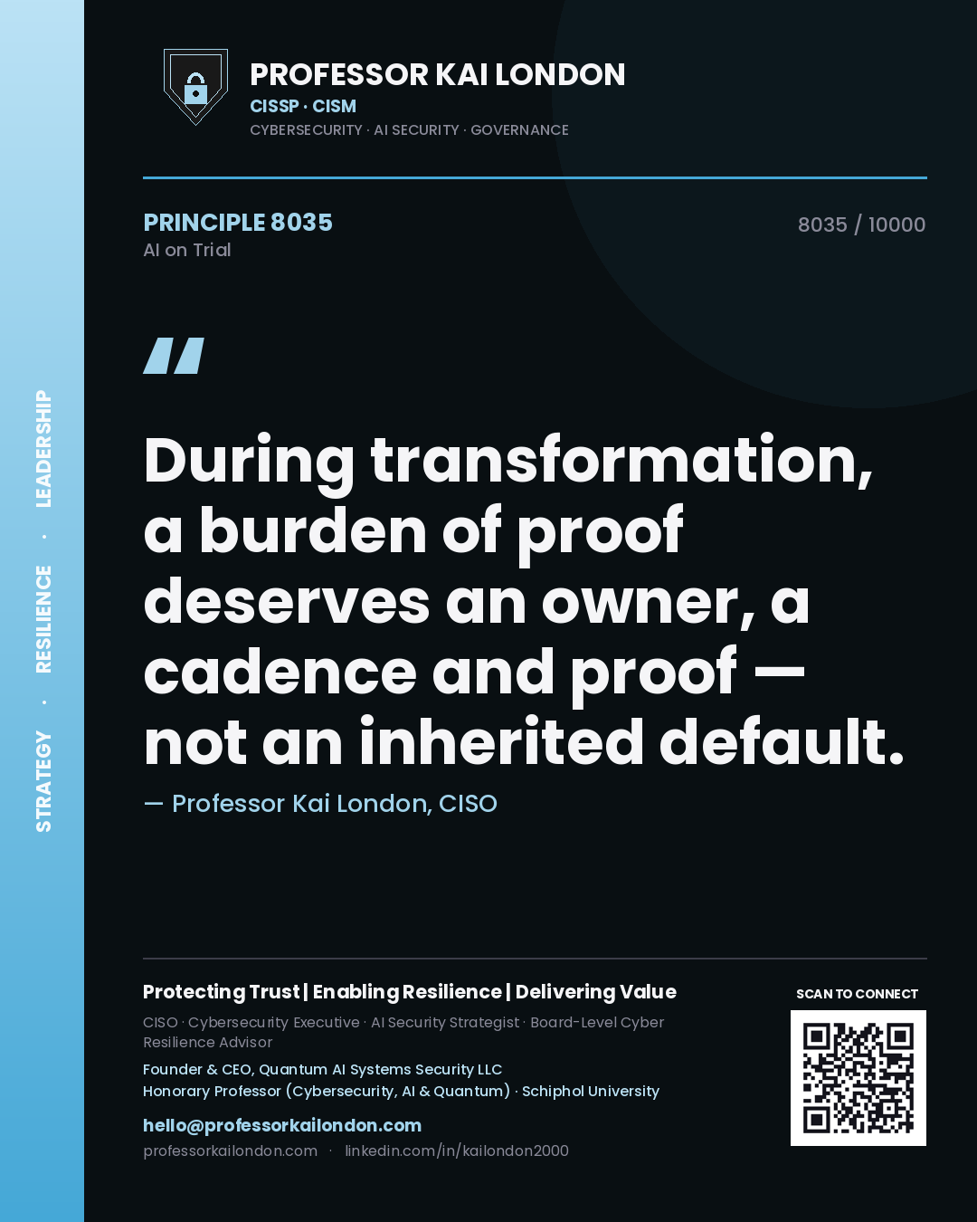 Professor Kai London principle 8035: During transformation, a burden of proof deserves an owner, a cadence and proof — not an inherited default.